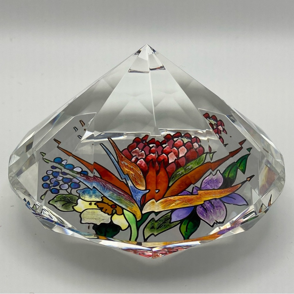 Vintage Crystal Diamond Cut Paperweight 4โ x 2.5โHand Painted Floral Prism